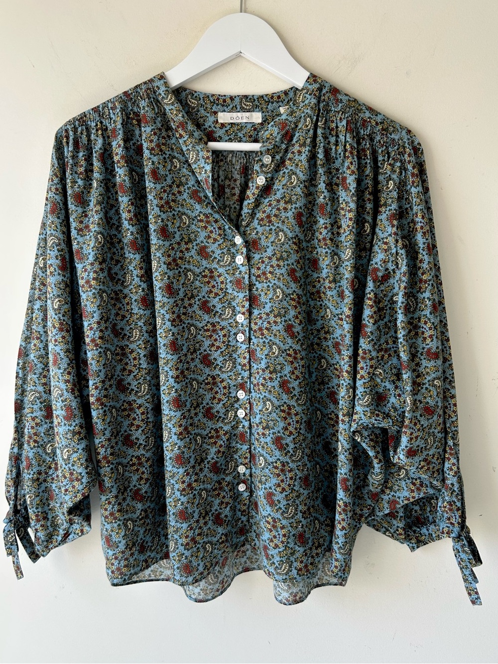 DOEN O’Keeffe Top Blue Multi Paisley Floral Print Small Oversized Cotton Blend